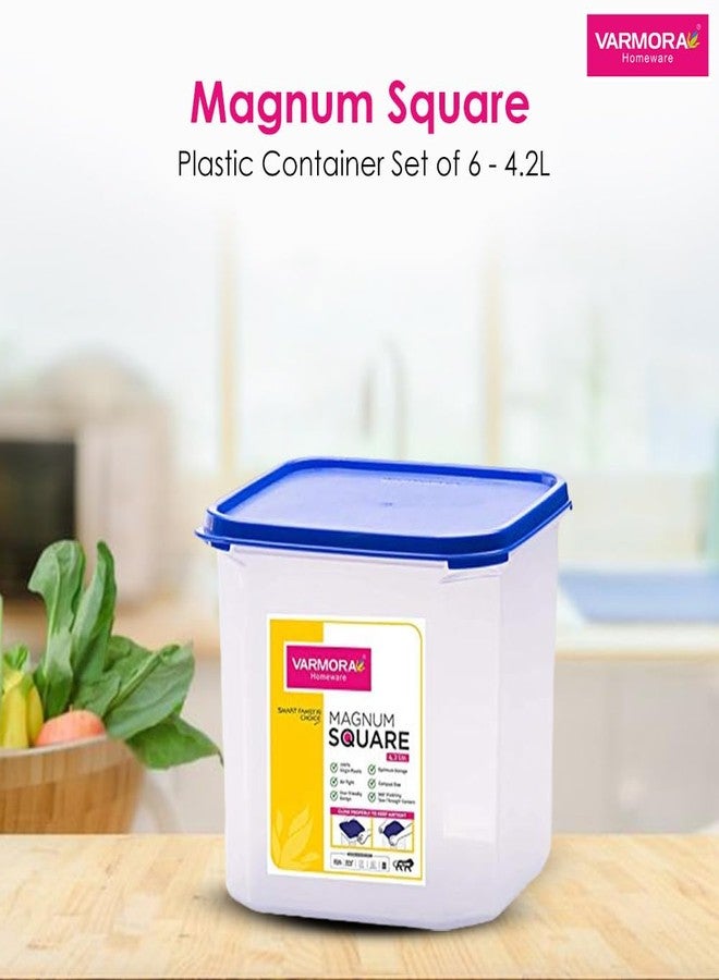 Varmora Magnum Square Smart Kitchen Storage Plastic Container –Blue Lid (4.2 Litres)(Pack of 6) - Image 2