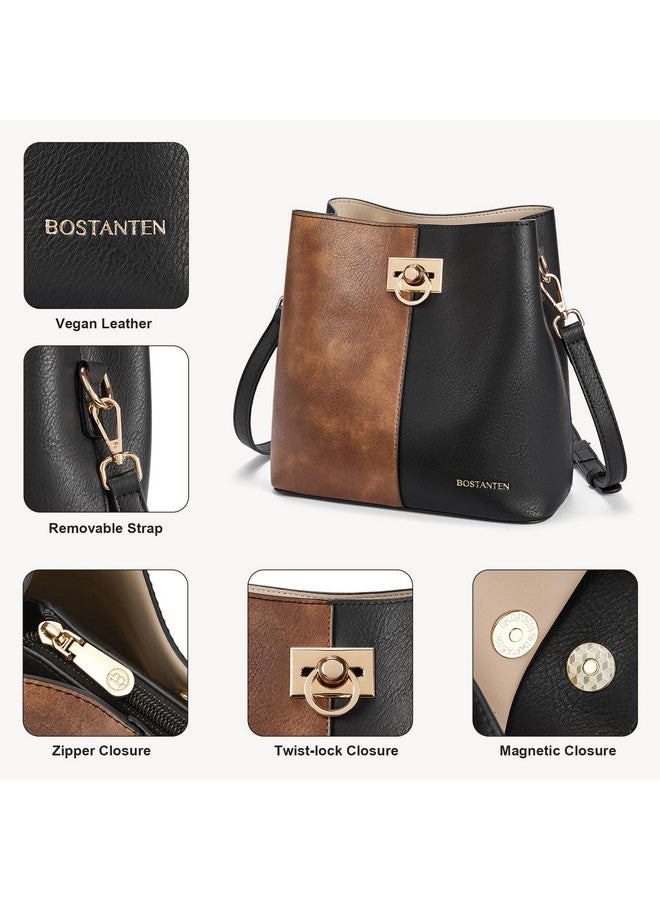 BOSTANTEN Crossbody Bucket Shoulder Bags for Women Vegan Leather Purse Cross Body Handbag Multiple Pockets Black with Brown - Image 3