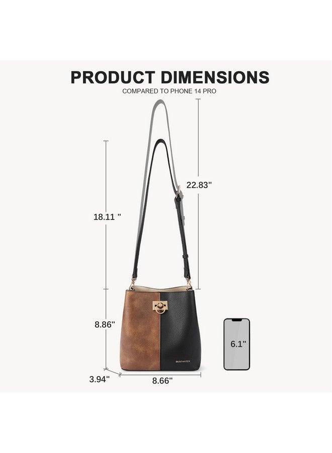BOSTANTEN Crossbody Bucket Shoulder Bags for Women Vegan Leather Purse Cross Body Handbag Multiple Pockets Black with Brown - Image 4