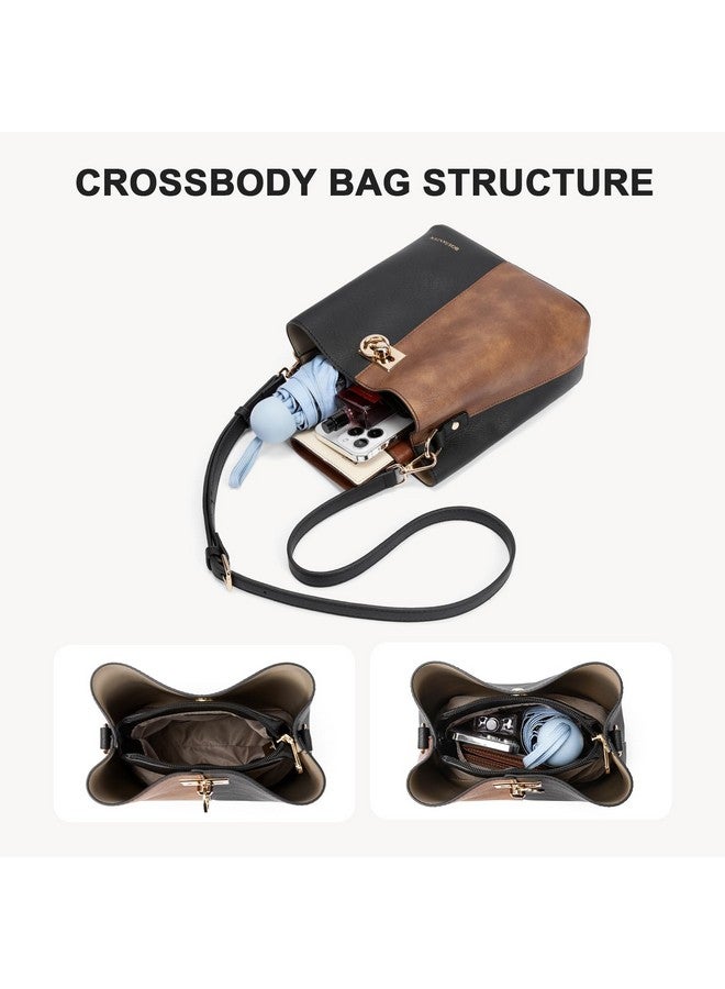 BOSTANTEN Crossbody Bucket Shoulder Bags for Women Vegan Leather Purse Cross Body Handbag Multiple Pockets Black with Brown - Image 2