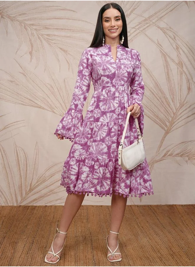 فيشود Vishudh Women Tie and Dye Printed A-Line Midi Dress with Pompom Detail