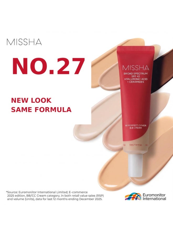 MISSHA M Perfect Cover BB Cream No.27 Honey Beige - Medium with Neutral/Warm Undertone SPF 42 PA +++ 1.69 Fl Oz - Tinted Moisturizer for face with SPF No.27 Honey Beige - Image 1
