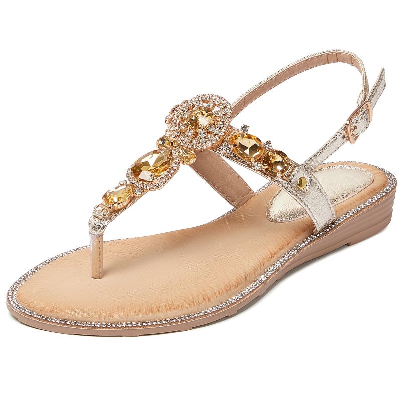 iCKER Women Rhinestone Sandals T-Strap Buckle Pearl Crystal Flat Sandals-PD21-Gold-8.5 - Image 1