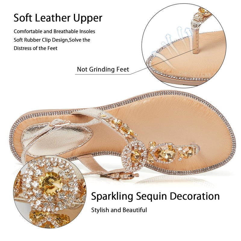 iCKER Women Rhinestone Sandals T-Strap Buckle Pearl Crystal Flat Sandals-PD21-Gold-8.5 - Image 2