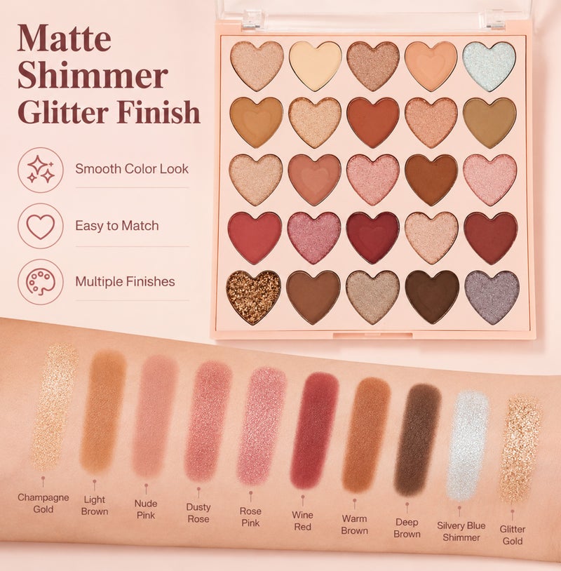 Me Now 25 Colors Heart Eyeshadow Palette Love Every Shade Makeup Palette with Matte Shimmer Glitter Shades Nude Pink Brown Eye Shadow Palette for Daily Eye Makeup - Image 3