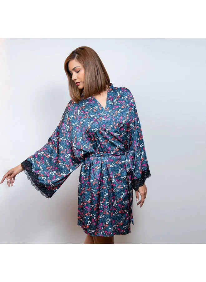 Aadaraya Aadaraya Floral Print Sateen Robe with Tie-Up Belt