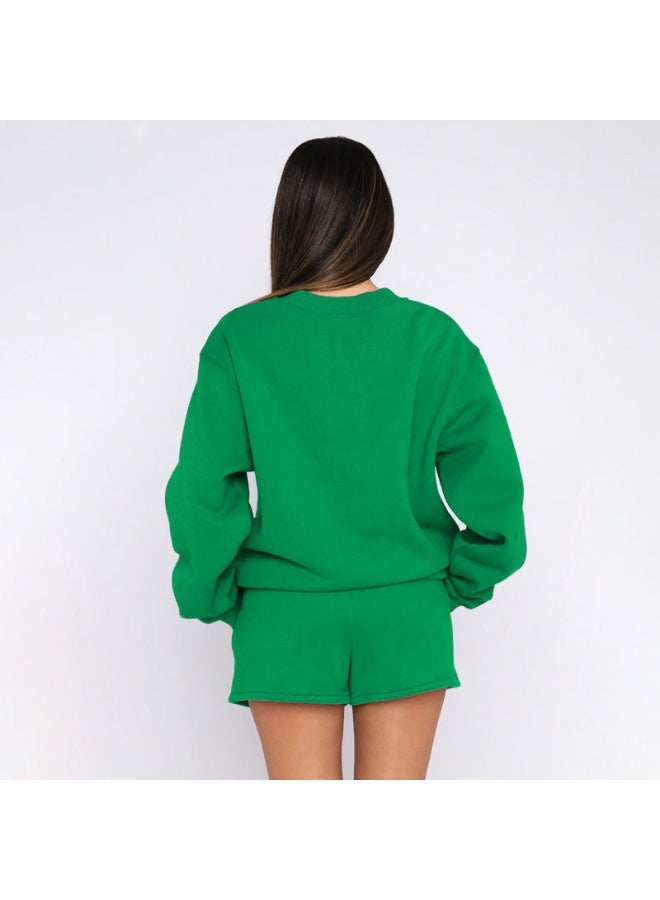 NIBEMINENT Women Suits Casual Fashion Solid O Neck Long Sleeve Sweatshirt High Waist Shorts  Autumn Simple Tracksuit - Image 3