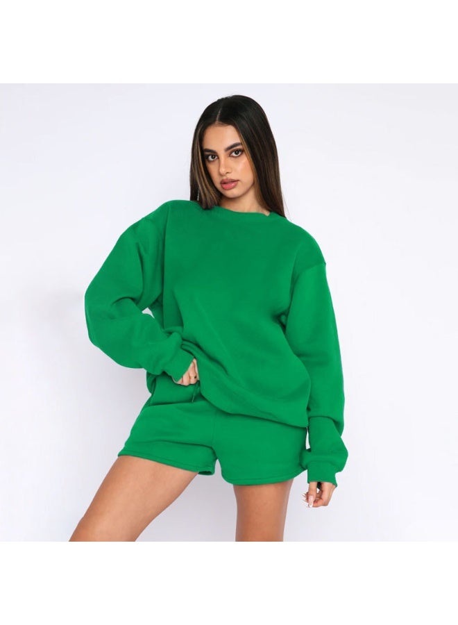 NIBEMINENT Women Suits Casual Fashion Solid O Neck Long Sleeve Sweatshirt High Waist Shorts  Autumn Simple Tracksuit - Image 2