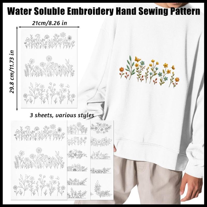 Water-Soluble Embroidery Stabilizer 3 Sheets Pre-Printed Floral Patterns - Complete Water-Soluble Cleanup Easy-To-Use Transfer for Home Crafters DIY Enthusiasts Embroidery Projects - Image 2