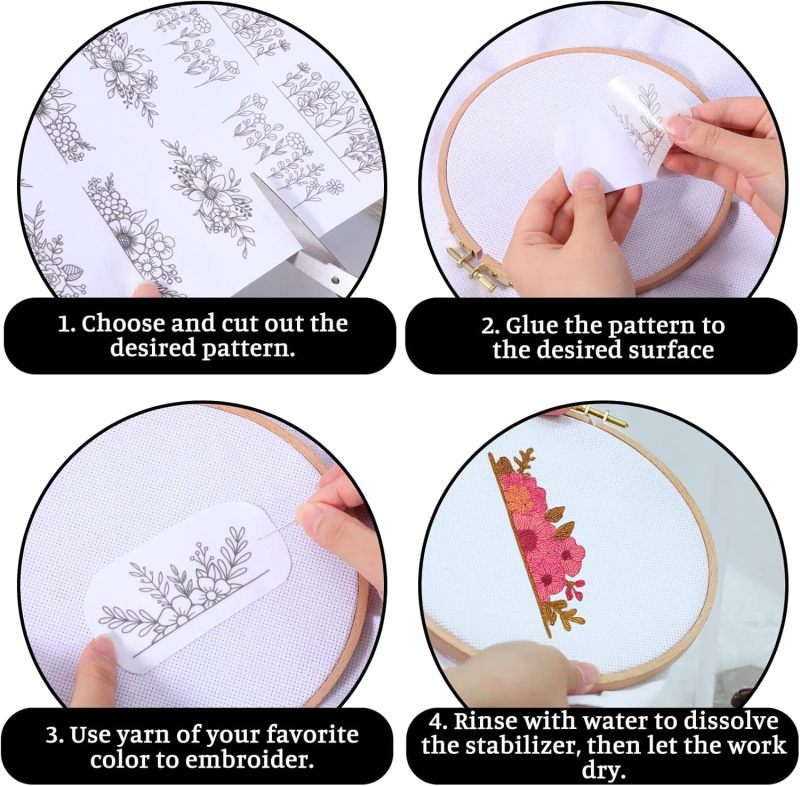 Water-Soluble Embroidery Stabilizer 3 Sheets Pre-Printed Floral Patterns - Complete Water-Soluble Cleanup Easy-To-Use Transfer for Home Crafters DIY Enthusiasts Embroidery Projects - Image 3