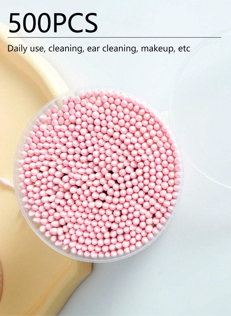 خاجول 500 قطعة من أعواد القطن ذات النهايات المزدوجة المستديرة والمدببة والعصي الورقية القابلة للتحلل البيولوجي والمضادة للحساسية وأدوات العناية بالمكياج والجمال (وردي) - Image 3