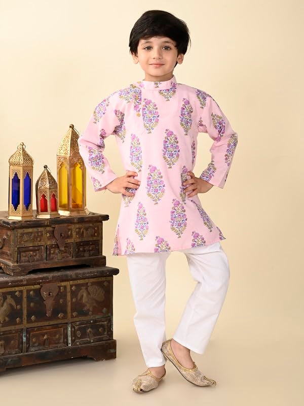superminis Boys Cotton Full Sleeves Side Open Sanganeri Printed Kurta With Pyjama Set (6-7 Years, Pink) - Image 2
