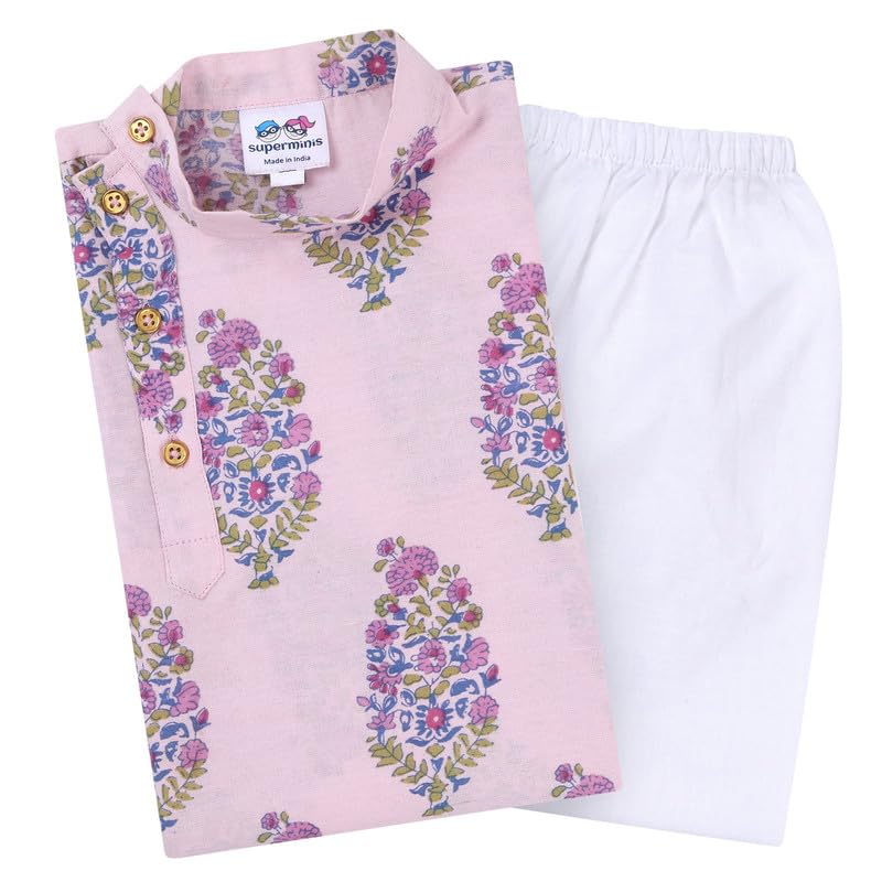 superminis Boys Cotton Full Sleeves Side Open Sanganeri Printed Kurta With Pyjama Set (6-7 Years, Pink) - Image 1