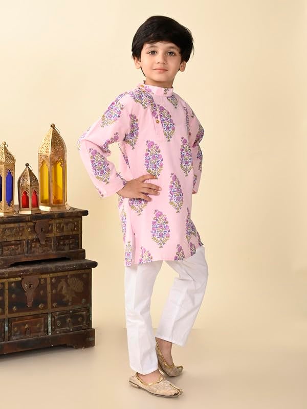 superminis Boys Cotton Full Sleeves Side Open Sanganeri Printed Kurta With Pyjama Set (6-7 Years, Pink) - Image 5