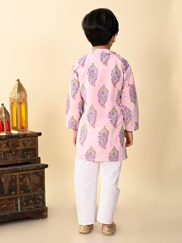 superminis Boys Cotton Full Sleeves Side Open Sanganeri Printed Kurta With Pyjama Set (6-7 Years, Pink) - Image 3
