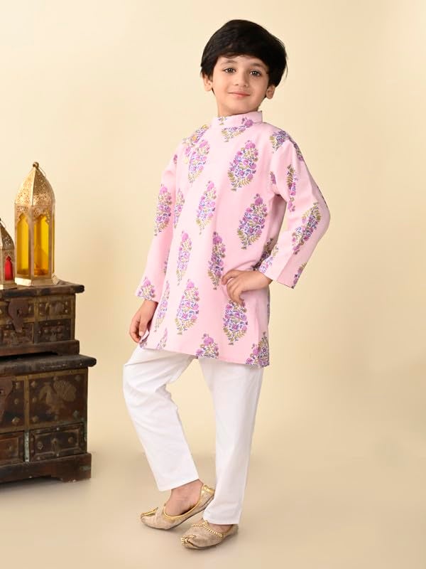 superminis Boys Cotton Full Sleeves Side Open Sanganeri Printed Kurta With Pyjama Set (6-7 Years, Pink) - Image 4