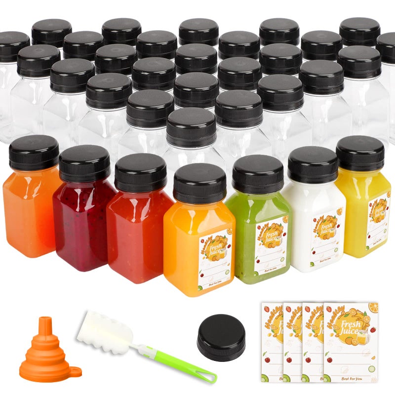 TOMNK TOMNK 48pcs Juice Containers 4oz Plastic with Lids Clear Reusable Bottles with Label Funnel and Brush for Juicing Smoothies Drinking Fridge 