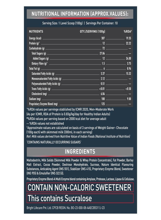 MuscleBlaze Weight Gainer Powder with Added Digezyme, Chocolate (10 Servings, 1kg / 2.2lbs) | 12g Protein, 72g Carbs Per Scoop - Image 3