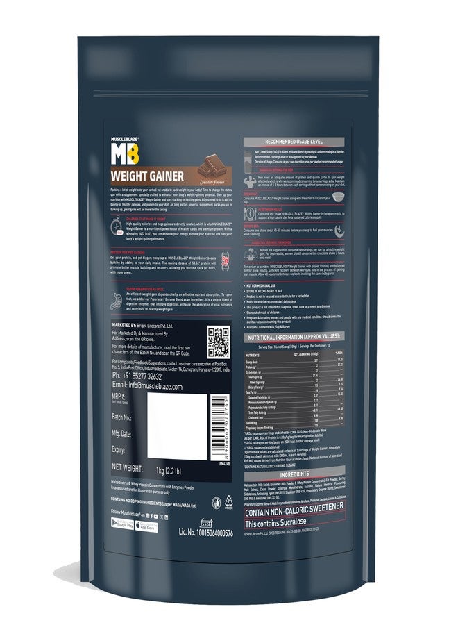 MuscleBlaze Weight Gainer Powder with Added Digezyme, Chocolate (10 Servings, 1kg / 2.2lbs) | 12g Protein, 72g Carbs Per Scoop - Image 2