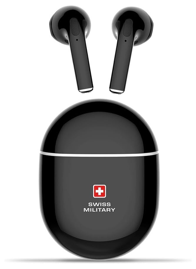 SWISS MILITARY - Delta 2 True Wireless Earbuds with ENC Noise Cancelling, Gaming Mode Low Latency 80ms, HD Audio & Calls, Bluetooth 5.3, Type-C Fast Charging, Auto Pairing, Smart Touch Control – Compatible with iPhone, Samsung & More – Black - Image 1