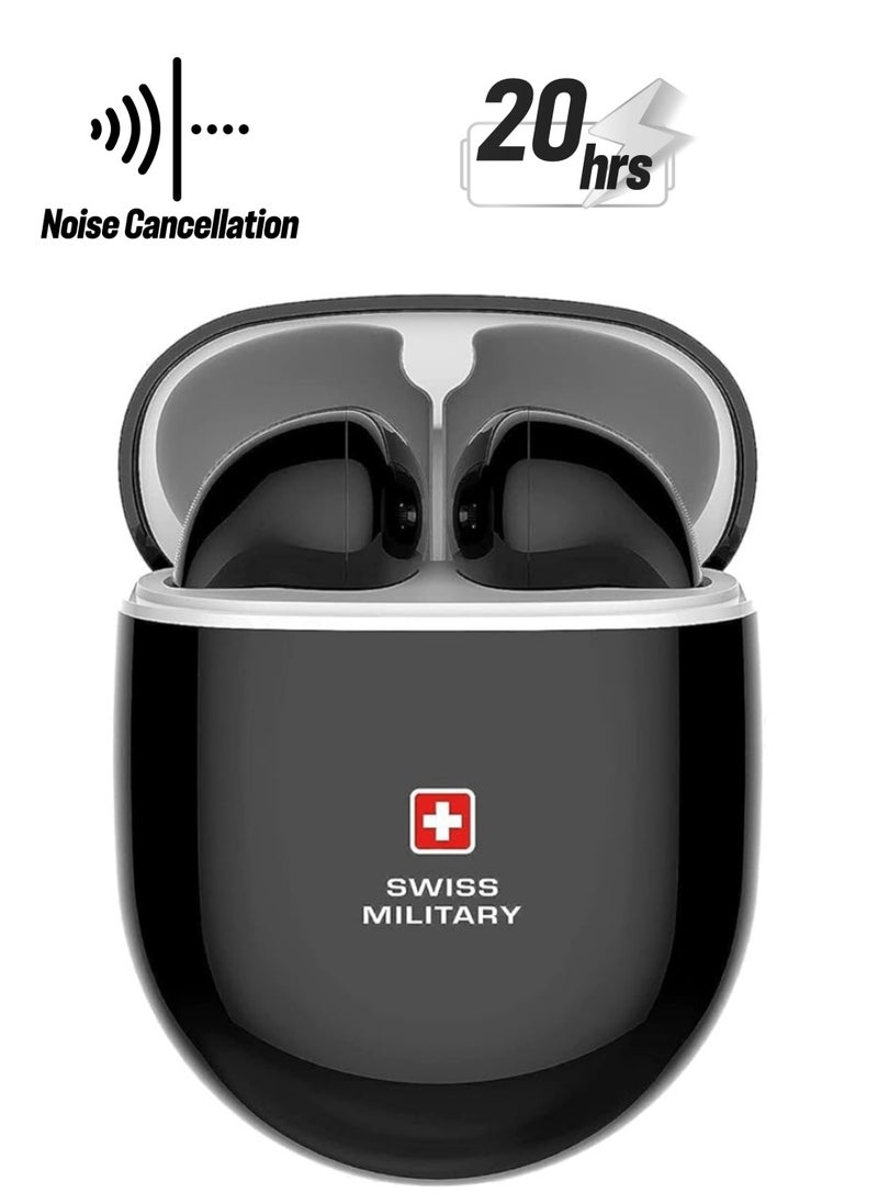 SWISS MILITARY - Delta 2 True Wireless Earbuds with ENC Noise Cancelling, Gaming Mode Low Latency 80ms, HD Audio & Calls, Bluetooth 5.3, Type-C Fast Charging, Auto Pairing, Smart Touch Control – Compatible with iPhone, Samsung & More – Black - Image 1