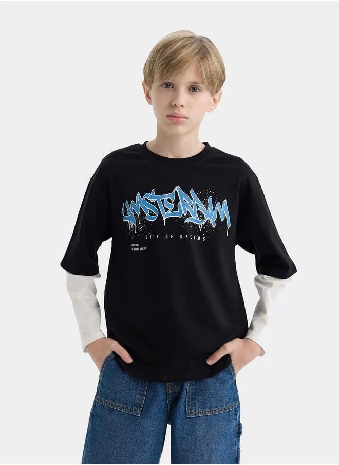 DeFacto DeFacto Kids Fit Round Neck Printed Long Sleeve T-Shirt