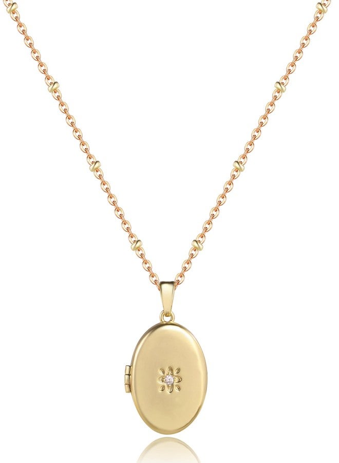 YOUFENG Oval Zircon Locket Necklace that Holds Pictures Photo Locket Birthday Gifts Golden - Image 1