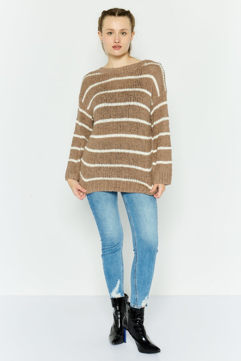 ONLY Women Round Neck Stripe Sweater, Taupe - Image 4
