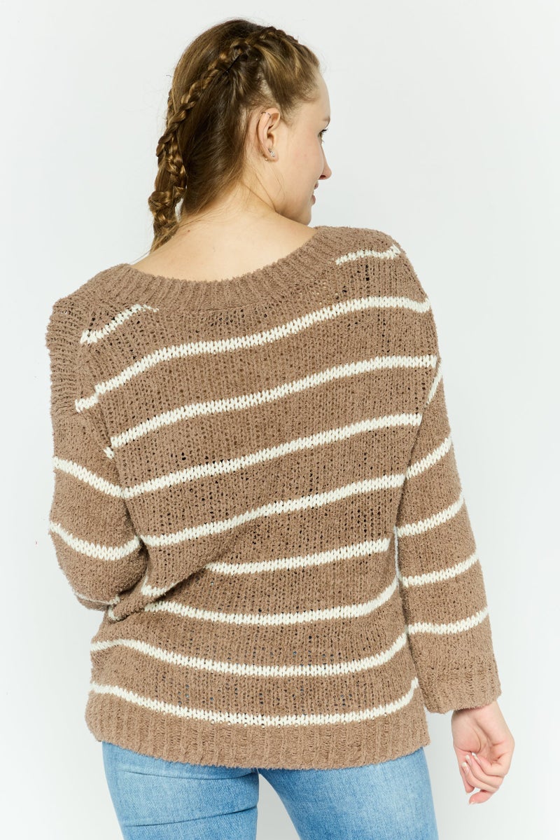 ONLY Women Round Neck Stripe Sweater, Taupe - Image 2