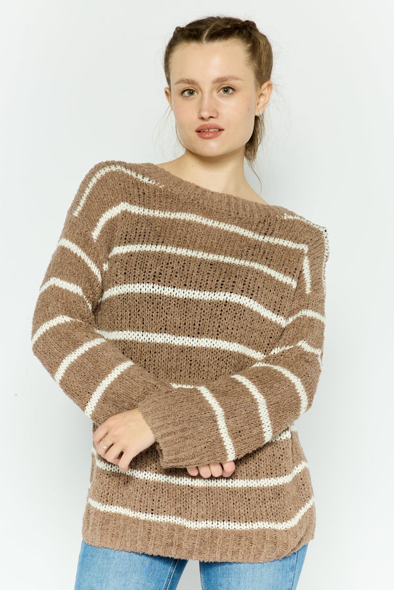 ONLY Women Round Neck Stripe Sweater, Taupe - Image 1