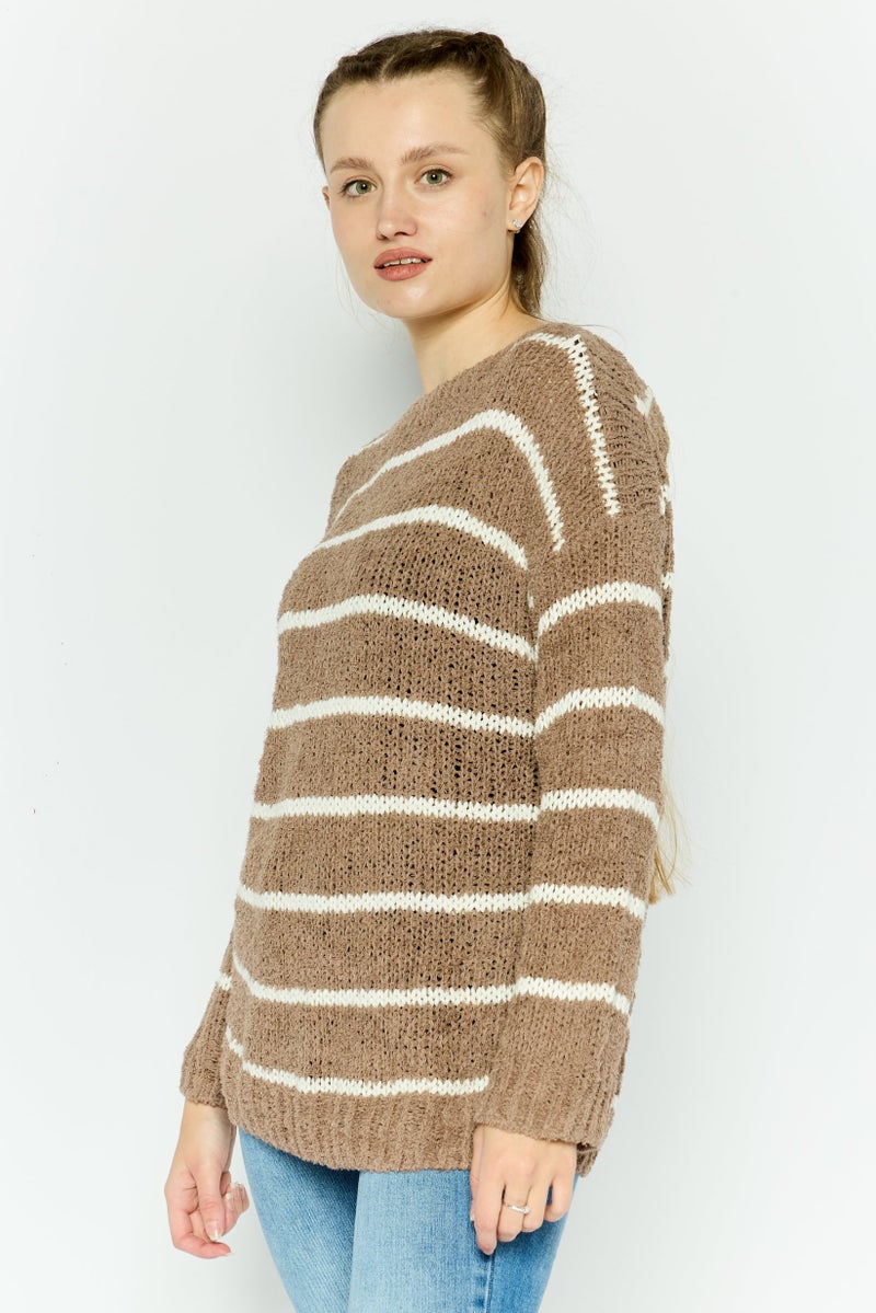 ONLY Women Round Neck Stripe Sweater, Taupe - Image 3