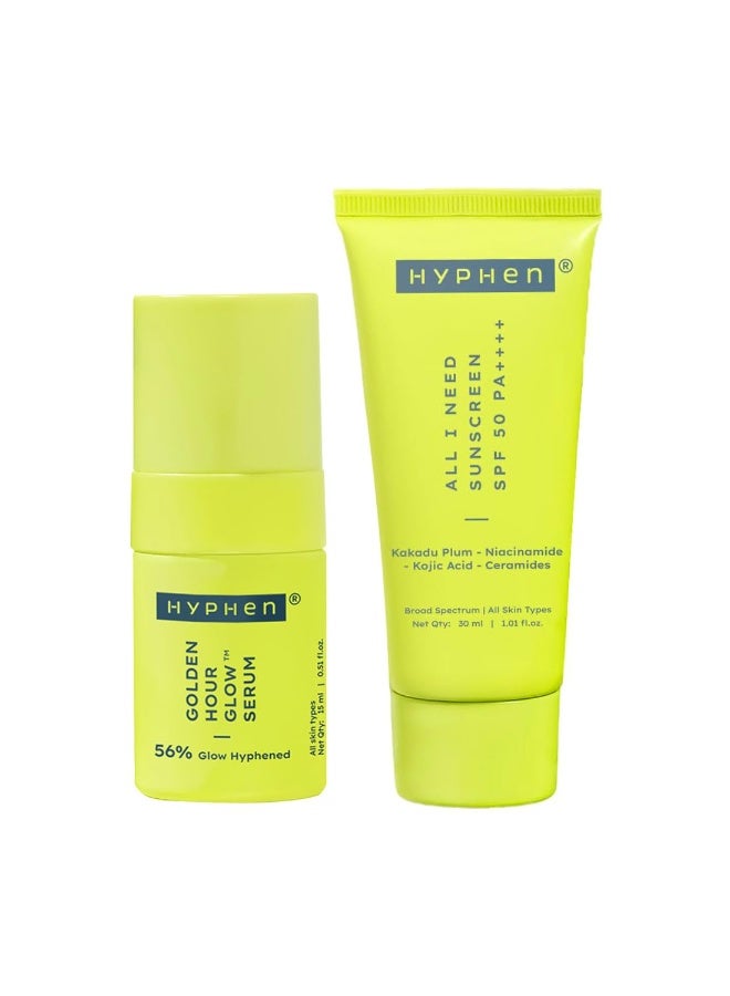 Hyphen Daily Glow Defence Duo - Combo | golden hour glow Brightening Face Serum 15ml & All I Need Sunscreen SPF 50 PA++++ 30ml | Brightens + Protects with Niacinamide,Vit C Rich Kakadu Plum| All Skin Types - Image 1