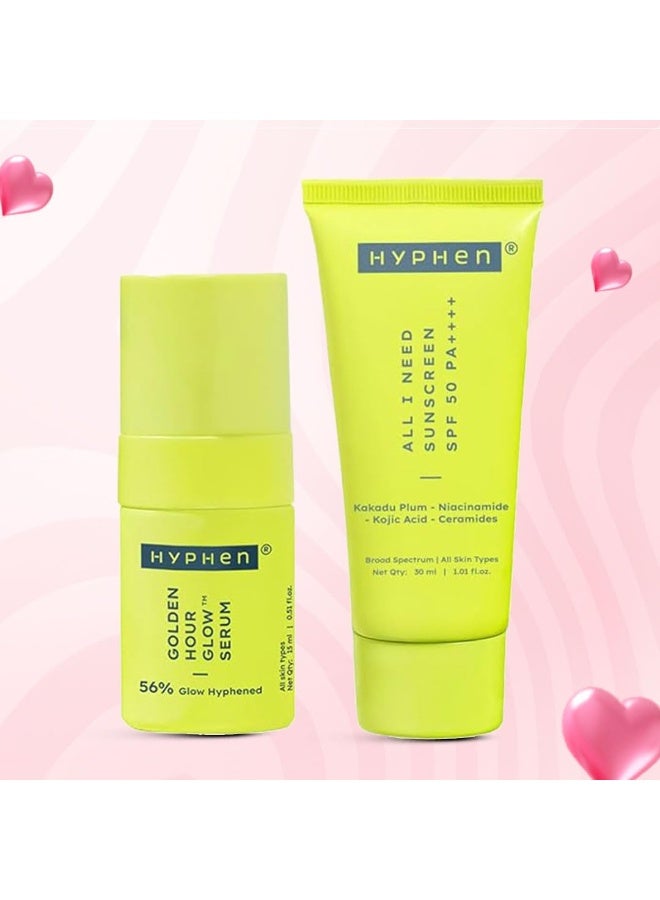 Hyphen Daily Glow Defence Duo - Combo | golden hour glow Brightening Face Serum 15ml & All I Need Sunscreen SPF 50 PA++++ 30ml | Brightens + Protects with Niacinamide,Vit C Rich Kakadu Plum| All Skin Types - Image 2