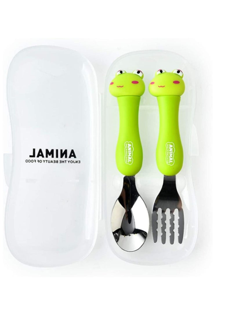SYOSI Kids Cutlery Sets, 2Pcs Kids Stainless Steel Flatware with Cartoon Handle Green Frog Travel Carry Set Children Portable Tableware Toddler Utensils Kids Spoon & Fork Silverware Set with Case - Image 1