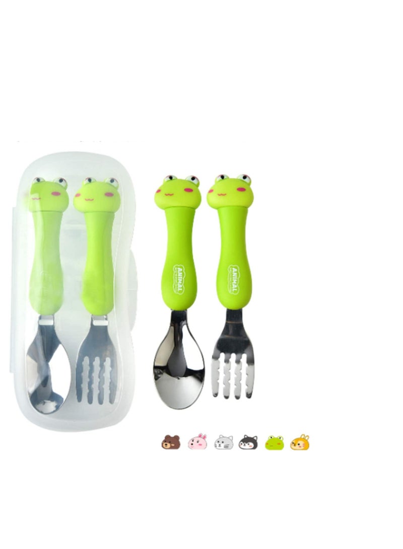 SYOSI Kids Cutlery Sets, 2Pcs Kids Stainless Steel Flatware with Cartoon Handle Green Frog Travel Carry Set Children Portable Tableware Toddler Utensils Kids Spoon & Fork Silverware Set with Case - Image 2