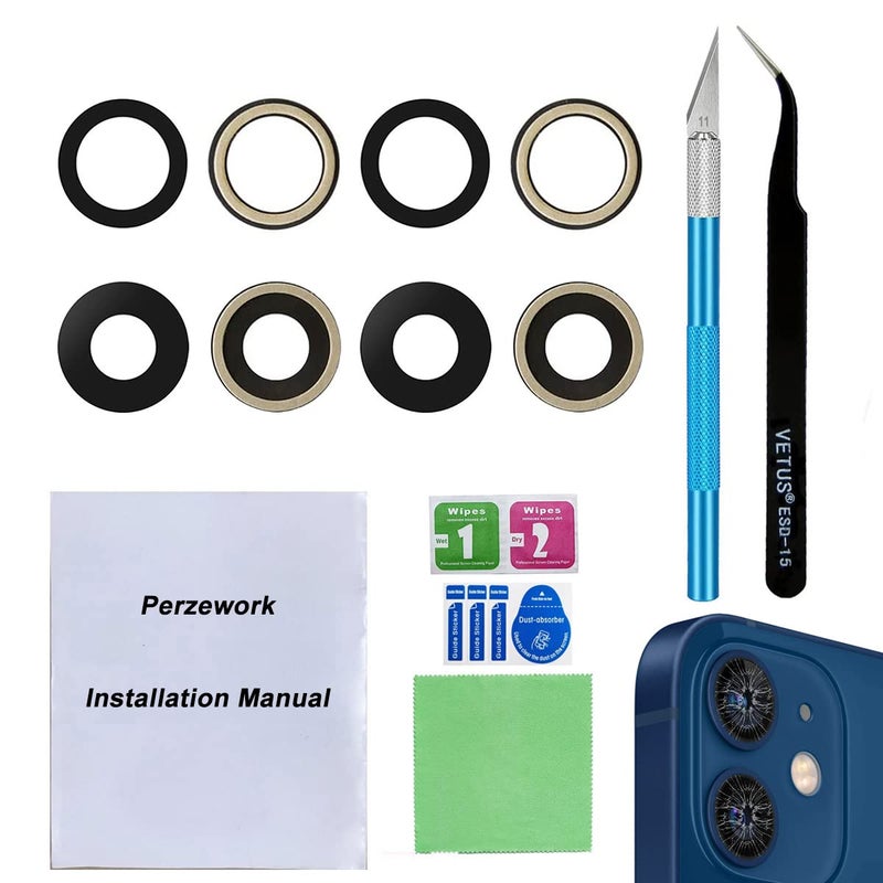 Perzework 2 Set Original Back Rear Camera Lens Glass Replacement for iPhone 12 and iPhone 12 Mini with pre-Installed Adhesive and Reparing Toolkit - Image 1