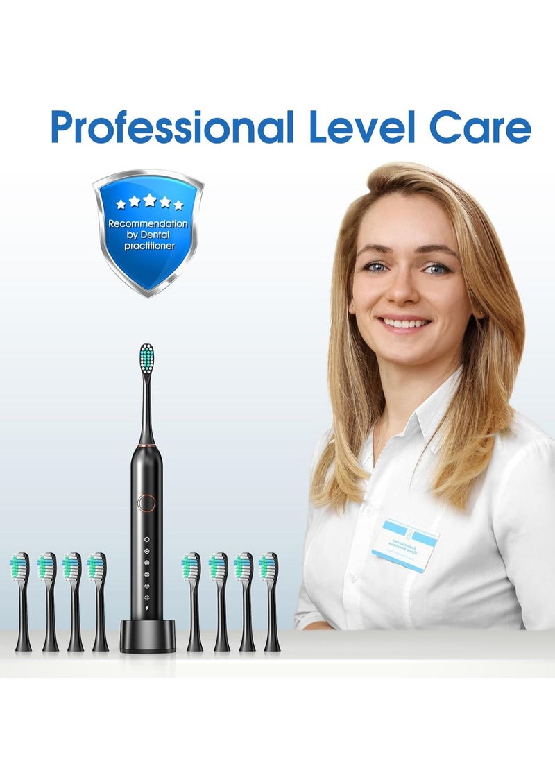 Electric Toothbrush, Adult And Adolescent Sonic Type, 4 Brush Heads, Travel Case, 6 Modes, 40000 Vpm Electric Motor, Ipx7 Waterproof, 2-Minute Timer, Wireless Charging, 100 Day One Charge - Black - Image 5