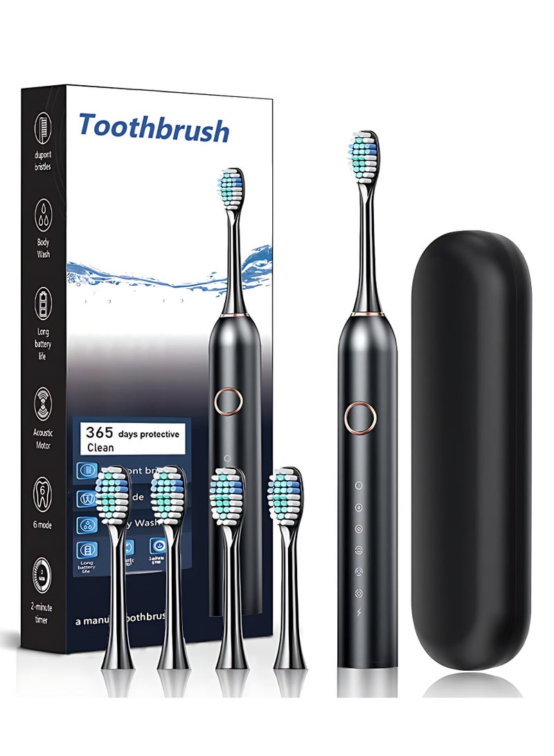 Electric Toothbrush, Adult And Adolescent Sonic Type, 4 Brush Heads, Travel Case, 6 Modes, 40000 Vpm Electric Motor, Ipx7 Waterproof, 2-Minute Timer, Wireless Charging, 100 Day One Charge - Black - Image 1