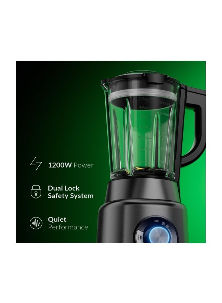 Feller Germany, 1200W Blender + Grinder Mill, 1.7L Glass Jar, Ice Crush/Smoothie/Pulse Modes, Variable Speed, 6-Fin Blade, Safety Lock, 2Y Guarantee BLG1200 UAE Stainless Steel - Image 2