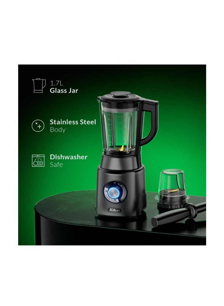 Feller Germany, 1200W Blender + Grinder Mill, 1.7L Glass Jar, Ice Crush/Smoothie/Pulse Modes, Variable Speed, 6-Fin Blade, Safety Lock, 2Y Guarantee BLG1200 UAE Stainless Steel - Image 3