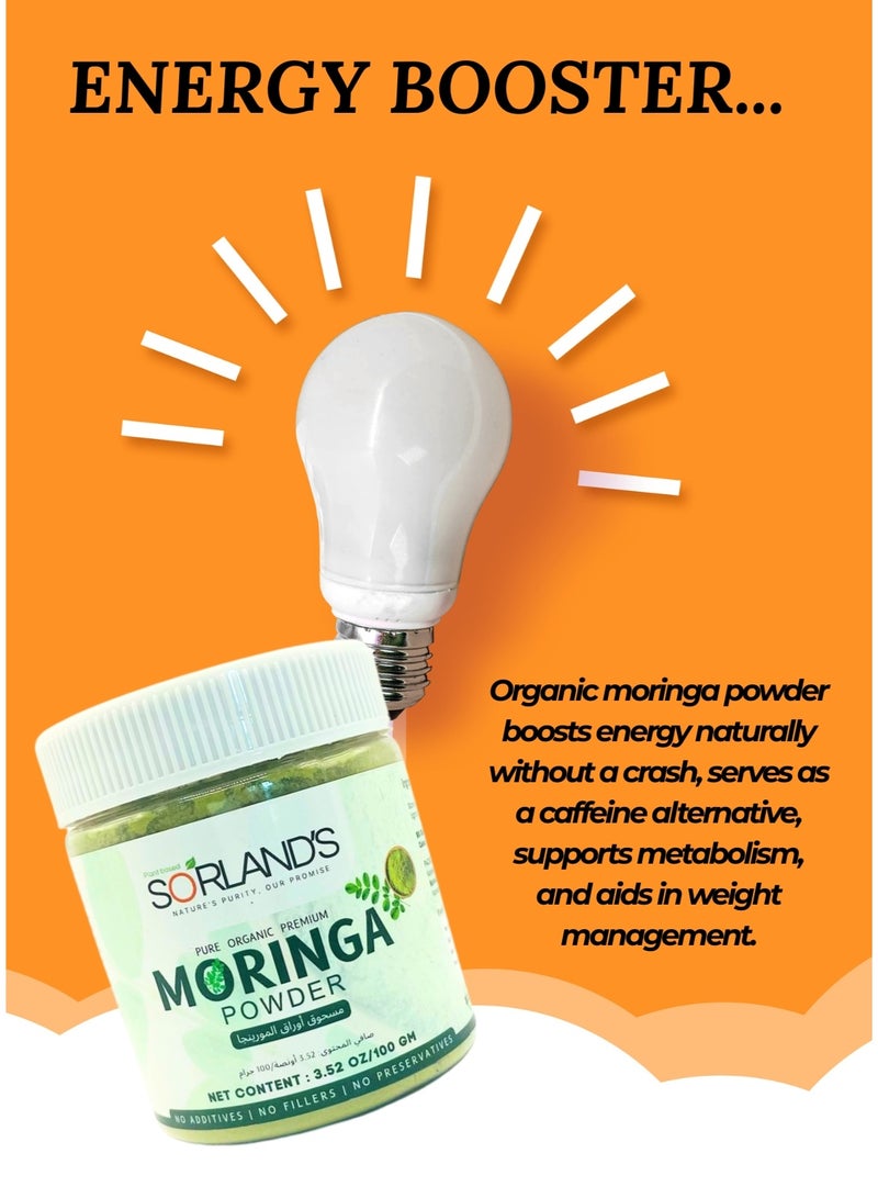 Sorland's Pure Organic Moringa Leaves Powder Jar(100G) Nutrient-rich superfood, packed with natural vitamins, minerals, protein, and essential amino acids | Non-GMO, 100% natural, and certified organic - Image 3