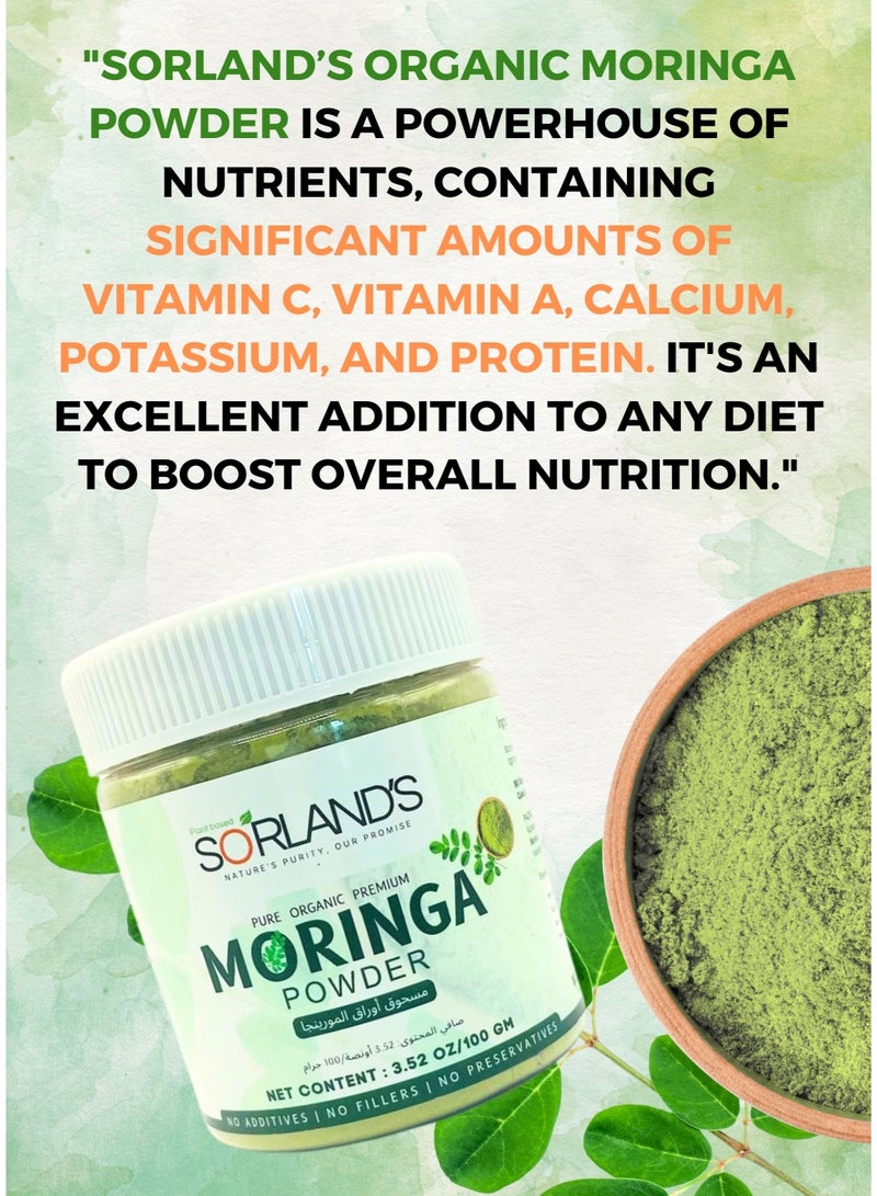 Sorland's Pure Organic Moringa Leaves Powder Jar(100G) Nutrient-rich superfood, packed with natural vitamins, minerals, protein, and essential amino acids | Non-GMO, 100% natural, and certified organic - Image 2