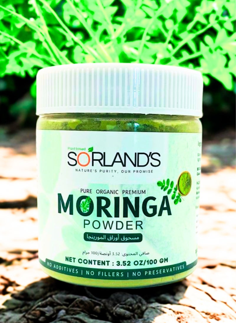 Sorland's Pure Organic Moringa Leaves Powder Jar(100G) Nutrient-rich superfood, packed with natural vitamins, minerals, protein, and essential amino acids | Non-GMO, 100% natural, and certified organic - Image 1