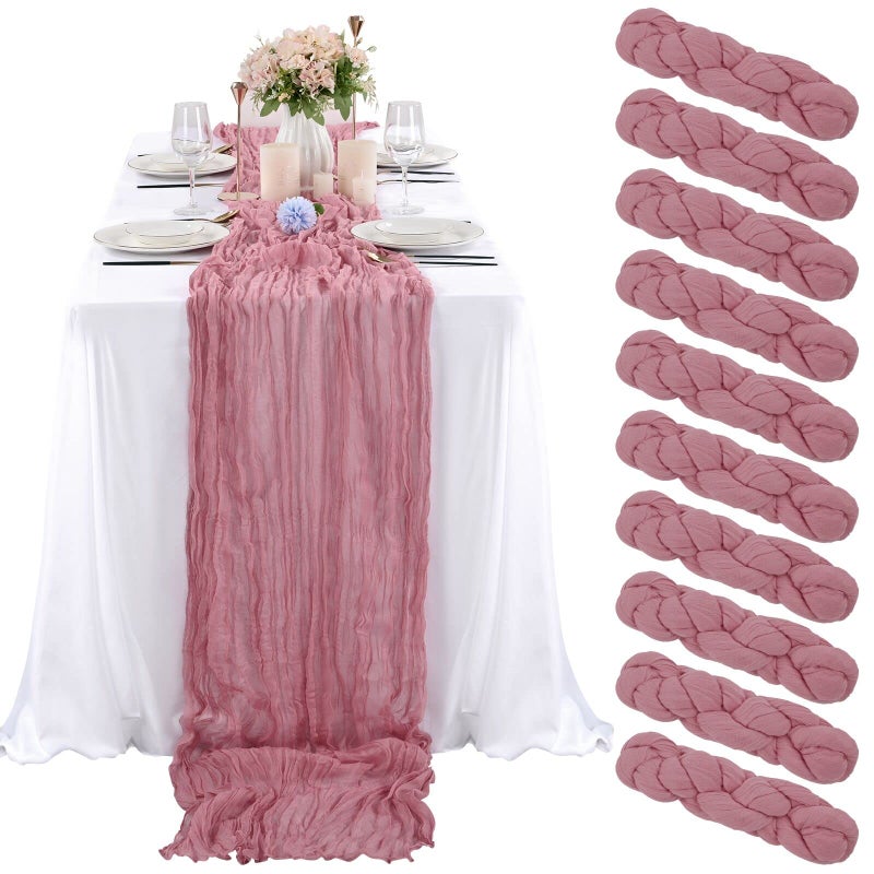 10 Pcs Dusty Rose Cheesecloth Table Runner 10FT Gauze Table Runner for Wedding Reception Sheer Bridal Shower Birthday Party Boho Table Decoration Rustic Romantic Wedding Runner