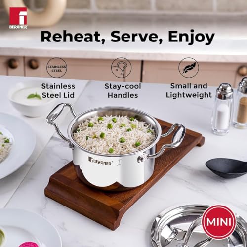 Bergner Argent Junior Chef Triply Stainless Steel Cookware Set 6 Pc - 16cm/1.6L Casserole and 18cm/2 L Casserole with 2 Lids, 16cm/1.1L Kadai with Lid, Mini Cooking Set - Induction and Gas Stove Ready - Image 5