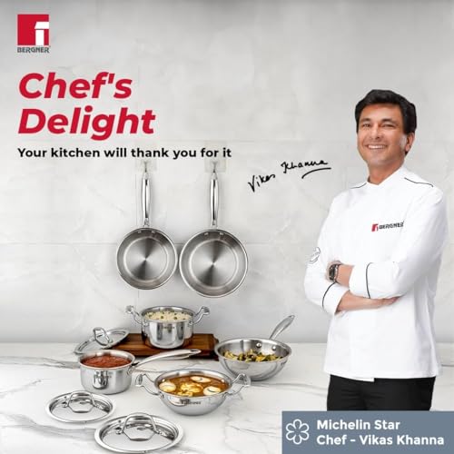 Bergner Argent Junior Chef Triply Stainless Steel Cookware Set 6 Pc - 16cm/1.6L Casserole and 18cm/2 L Casserole with 2 Lids, 16cm/1.1L Kadai with Lid, Mini Cooking Set - Induction and Gas Stove Ready - Image 2