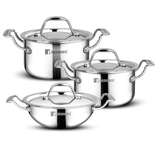 Bergner Argent Junior Chef Triply Stainless Steel Cookware Set 6 Pc - 16cm/1.6L Casserole and 18cm/2 L Casserole with 2 Lids, 16cm/1.1L Kadai with Lid, Mini Cooking Set - Induction and Gas Stove Ready - Image 1