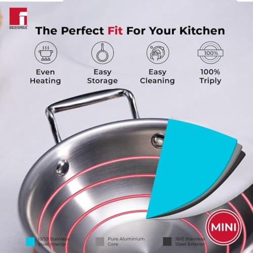 Bergner Argent Junior Chef Triply Stainless Steel Cookware Set 6 Pc - 16cm/1.6L Casserole and 18cm/2 L Casserole with 2 Lids, 16cm/1.1L Kadai with Lid, Mini Cooking Set - Induction and Gas Stove Ready - Image 4
