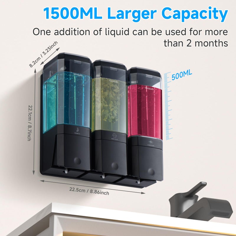 GlintGath Shower Dispenser 3 Chamber No Drill Wall Mounted Shampoo Conditioner Body Wash Dispenser, Large Capacity 1500ML, Black - Image 3