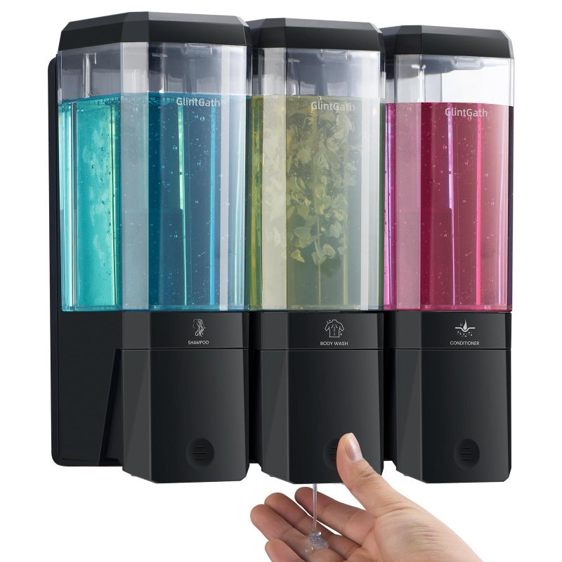 GlintGath Shower Dispenser 3 Chamber No Drill Wall Mounted Shampoo Conditioner Body Wash Dispenser, Large Capacity 1500ML, Black - Image 1